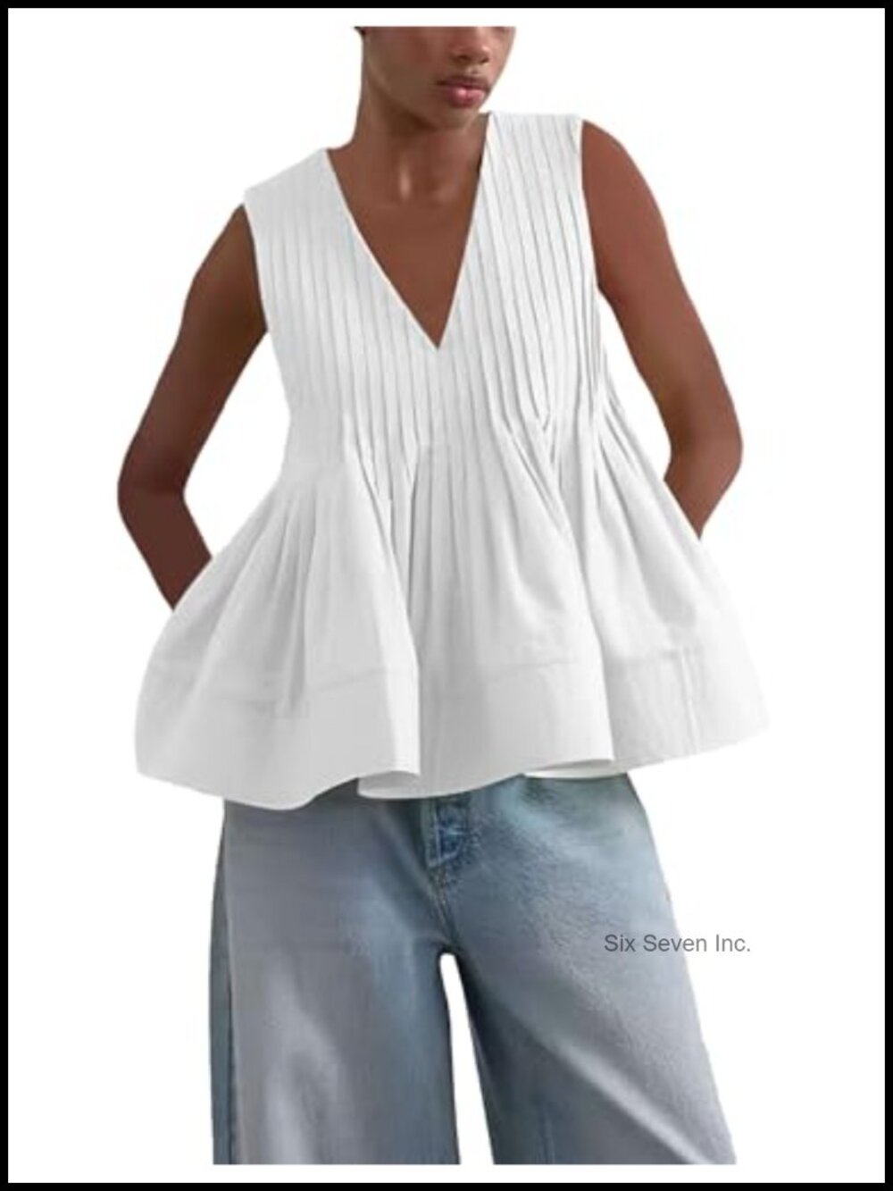 Sleeveless V Neck Peplum Tank Top Pleated Ruffle Hem Casual Summer Blouse